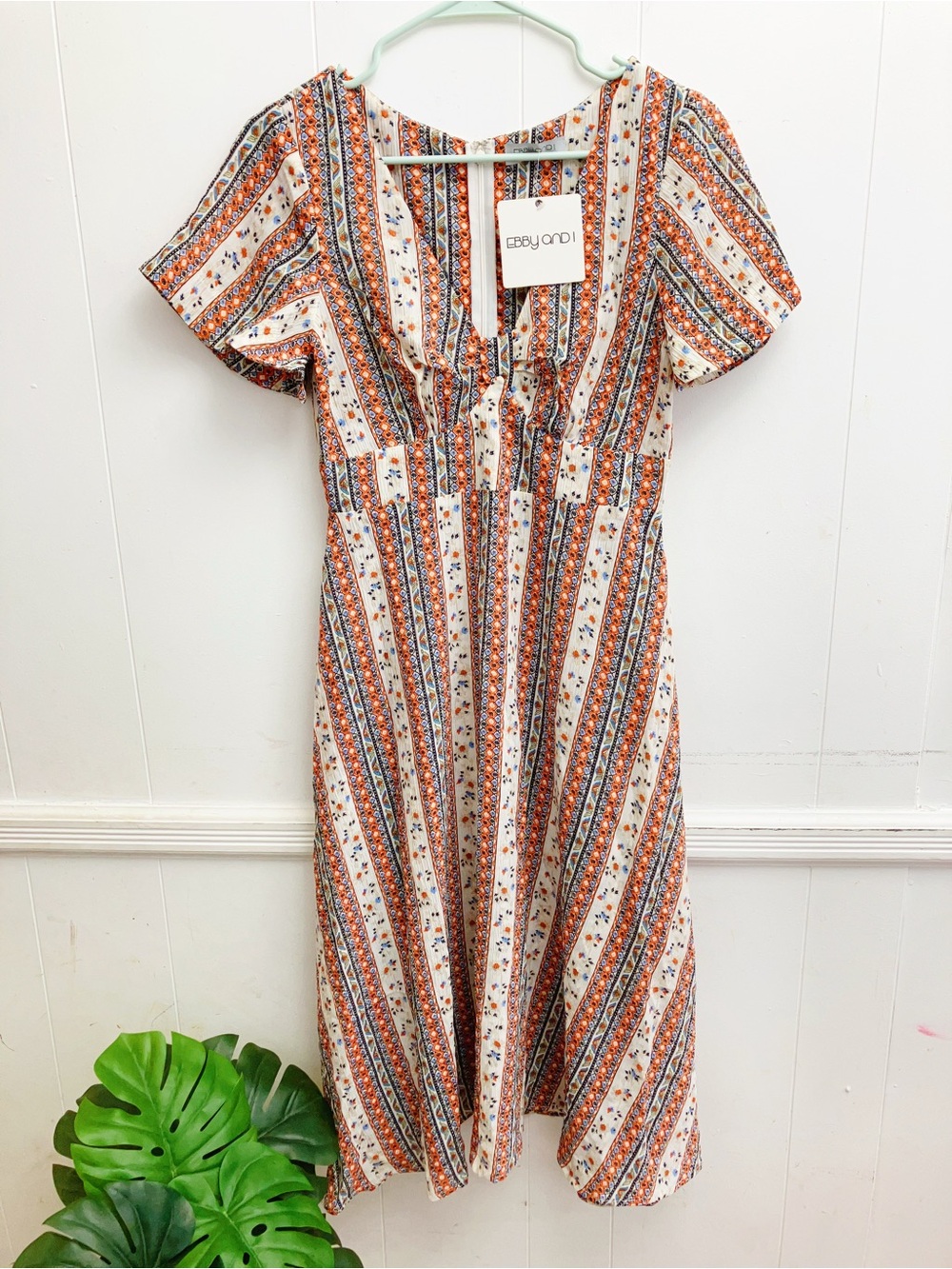 NWT Ebby & I Boho Midi Dress Size S Tribal Stripe V Neck Festival Summer